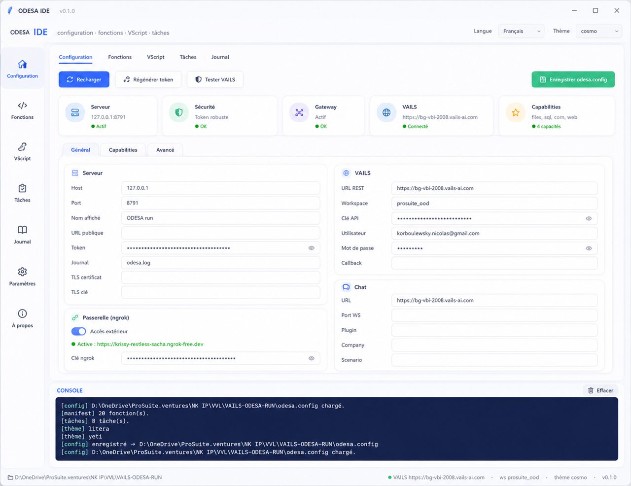 L'ODESA IDE : onglet configuration, cartes de statut et console